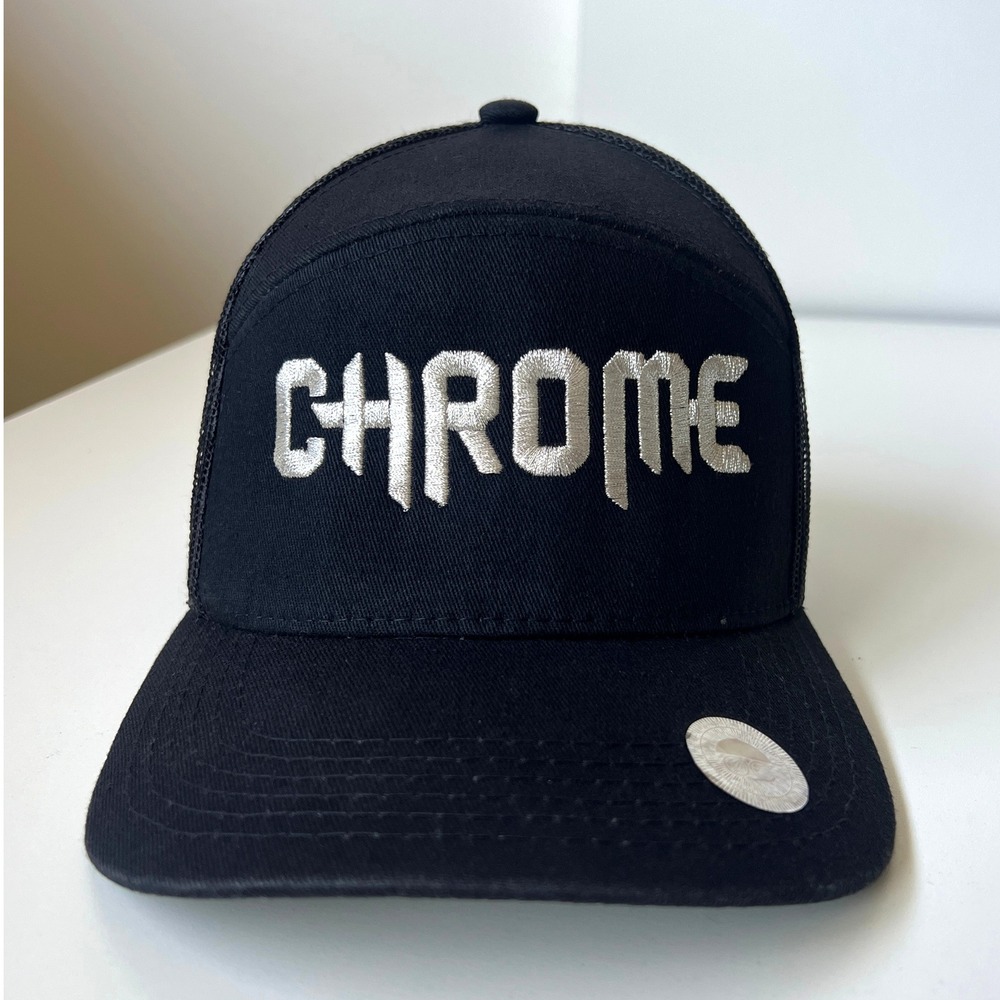 Chrome Embroidered Black Mesh Trucker Hat Adjustable Snapback Cap